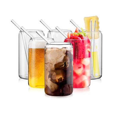 Drinking Glasses with Bamboo Lids and Glass Straw 4pcs Set - 18.6oz Can Shaped Glass Cups, Beer Glasses, Iced Coffee Glasses, Cute Tumbler Cup, Ideal