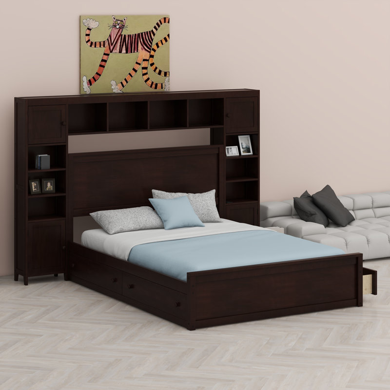Lit en bois avec armoire, Espresso