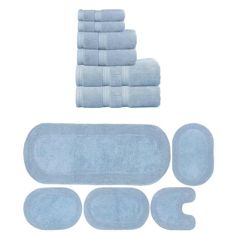 Brunk Collection 100% Soft Cotton 6 Pc Towel Set & 5 Pc Bath Rug Set, (Set of 11), Blue