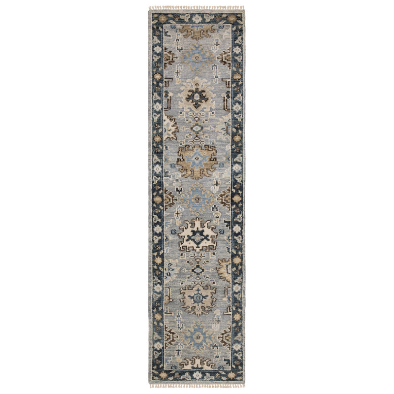 Tapis traditionnel gris / bleu Gowen, Tapis de couloir 2 pi 6 po x 10 pi