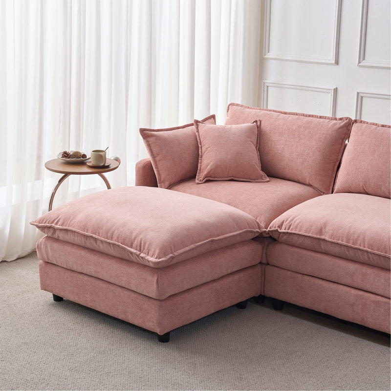Canapé modulaire rembourré en tissu de chenille doux, canapé modulaire 3 places avec repose-pieds, Rose
