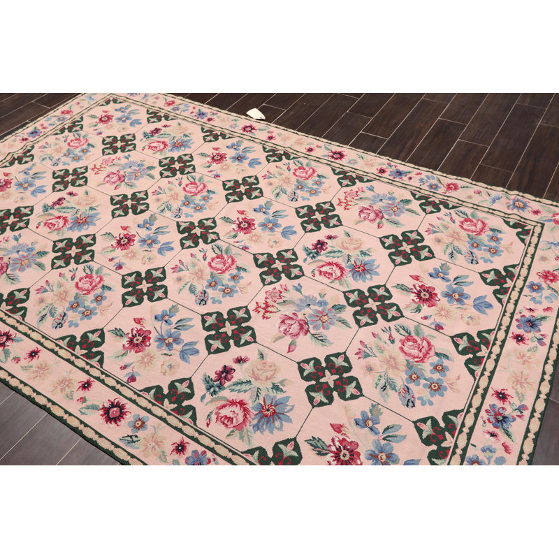 Tapis unique en laine abricot, bleu et vert noué à la main 5 pi 9 po x 8 pi 9 po Suellen