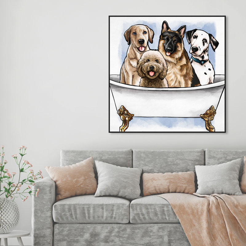 «Bath and Laundry Big Pups in The Tub», impression sur toile, Cadre noir, H 12 po x l 12 po