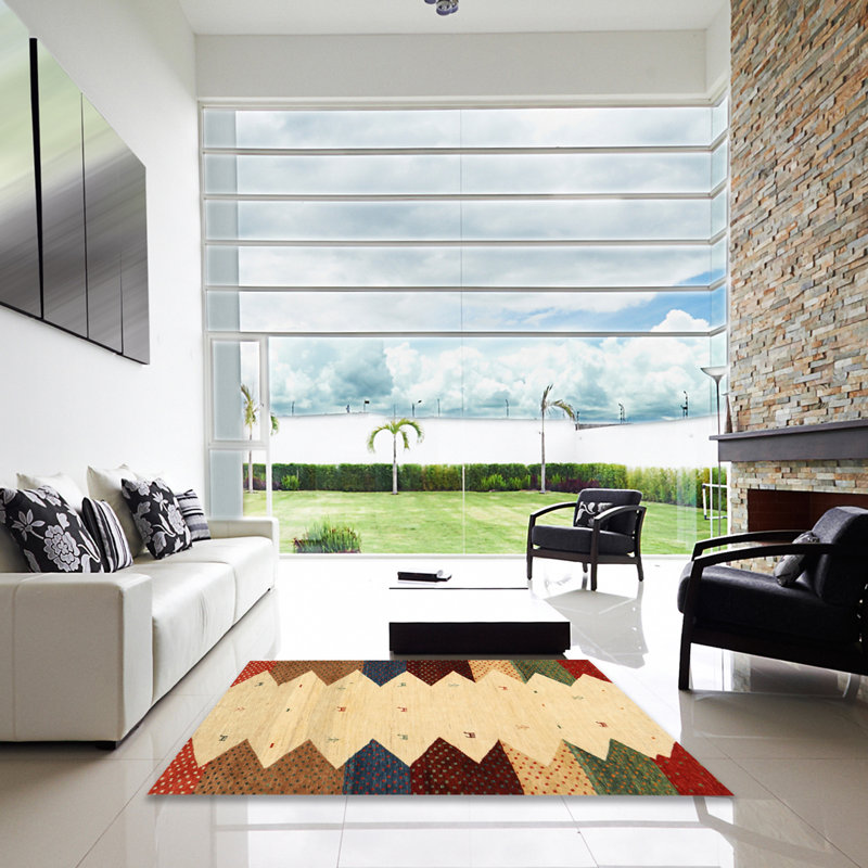Tapis beige/rouge/vert contemporaine, Carré 8 pi