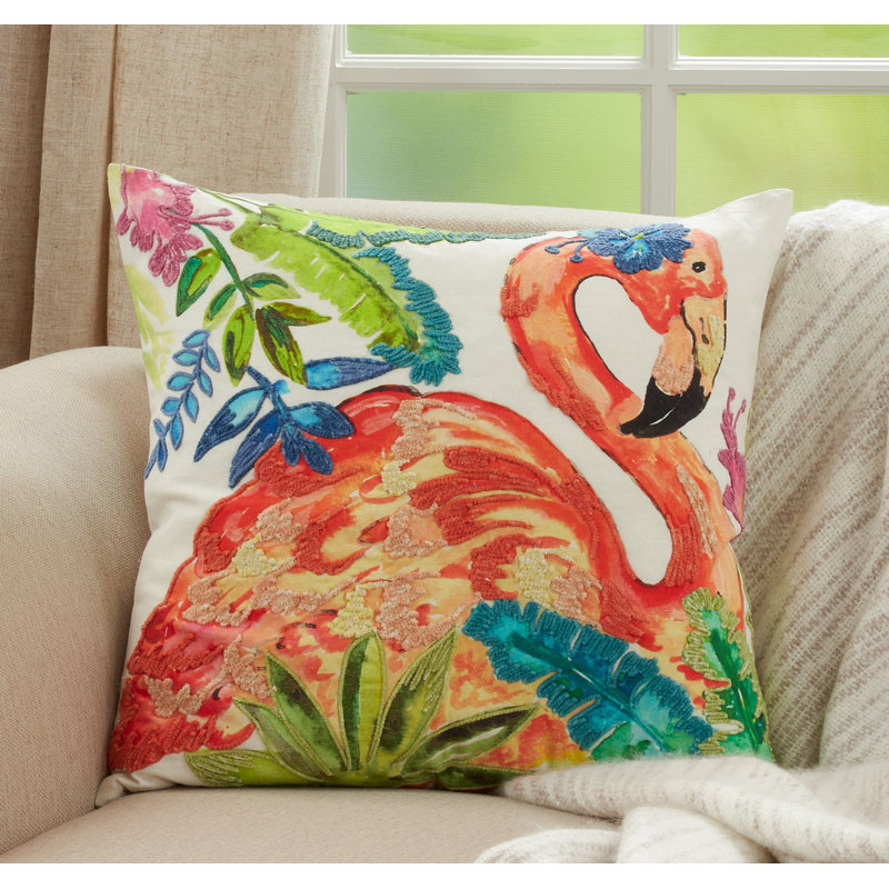 Multicolor Cotton Flamingo Design Square Throw Pillow