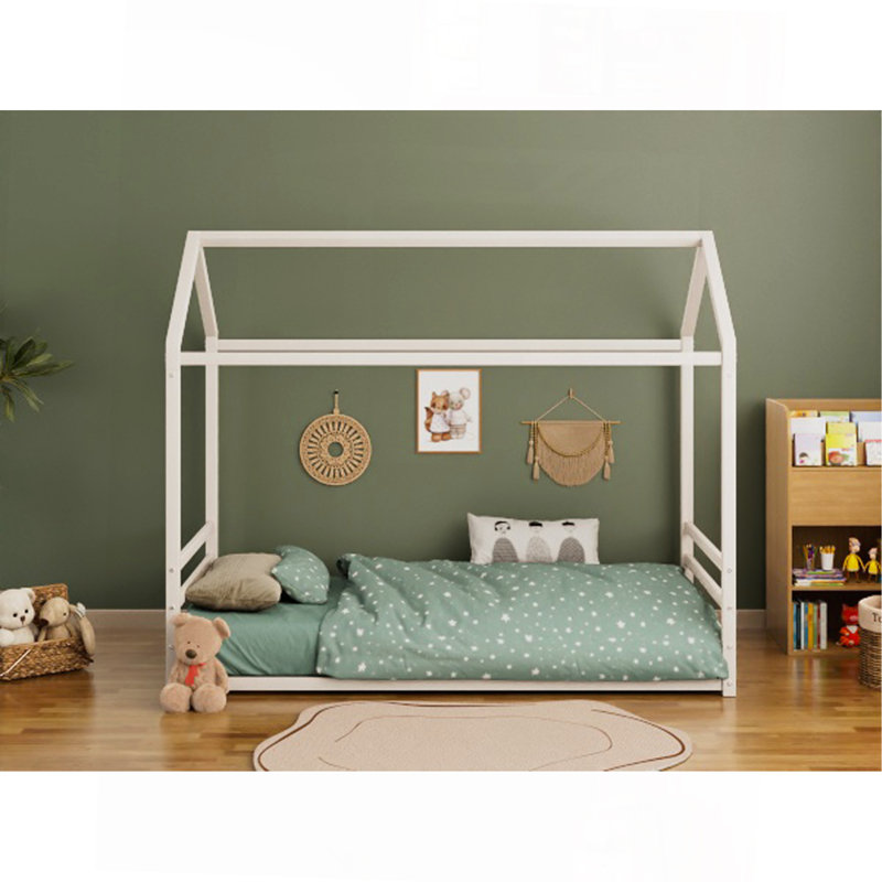 Twin Size Montessori Style Metal Floor Bed Frame, House Shaped Bed With Guardrails For Kids And Toddlers, Easy Assemble, No Slats, White