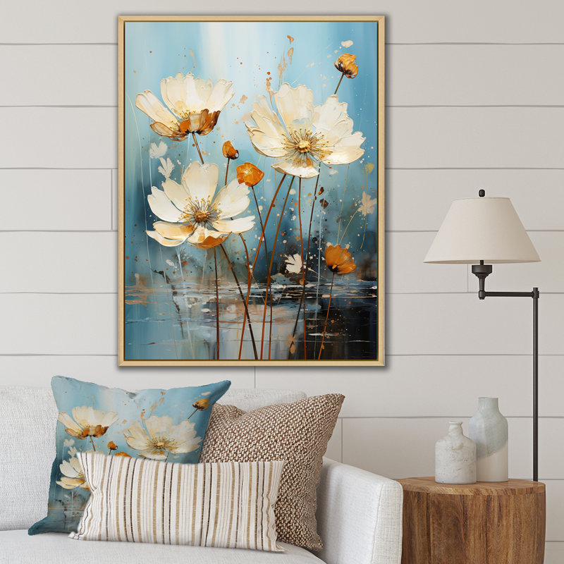 «Daisy Blossoming» en bleu sarcelle - impression, Cadre flottant brun, H 32 po x l 16 po x P 1 po