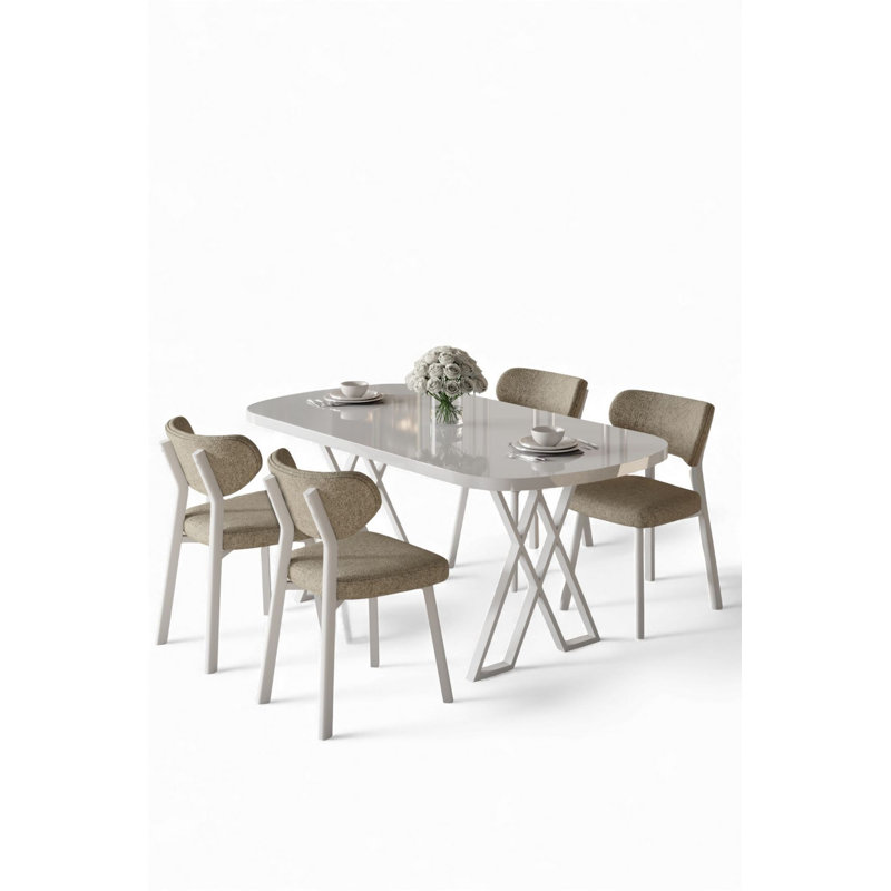 Ensemble de table et chaises de salle à manger (5 pièces), Ensemble de cinq pièces : table, quatre chaises, Blanc, Cappuccino