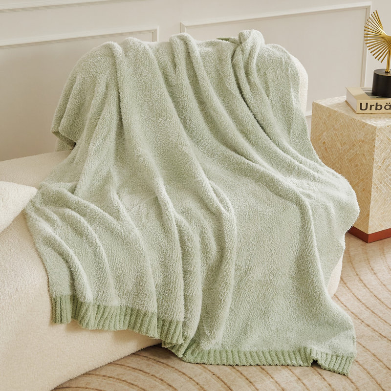 Faux fur  knit throw blanket, Sage