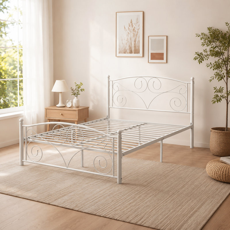 Grand cadre de lit en métal de forme florale avec tête et pied de lit; Structure robuste, durable et durable.