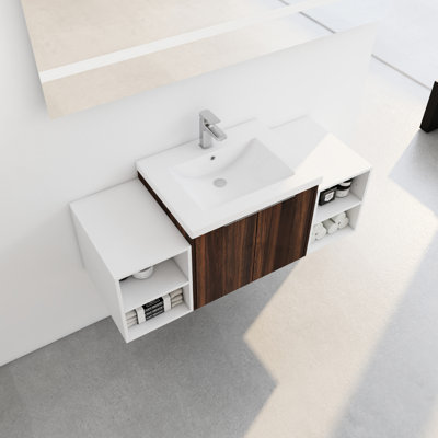 Walnut Bathroom Vanity, 48", Wall Mounted, Soft Closing Doors, 2 Shelves, Resin Basin, Luxurious Feel 48 Inch Mounted Storage Unit, Close Small Stylish Design