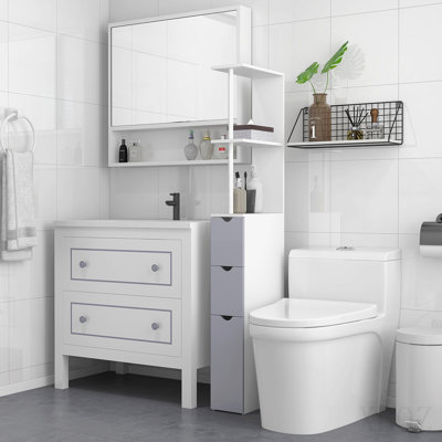 Homcom 54" Tall Bathroom Storage Cabinet, Freestanding Linen Tower With 2-Tier Shelf And Drawers, Narrow Side Floor Organizer, White