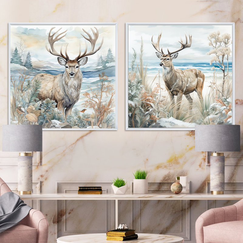 Ensemble de 2 cerfs charmants en hiver, Cadre flottant blanc, H 16 po x l 33 po