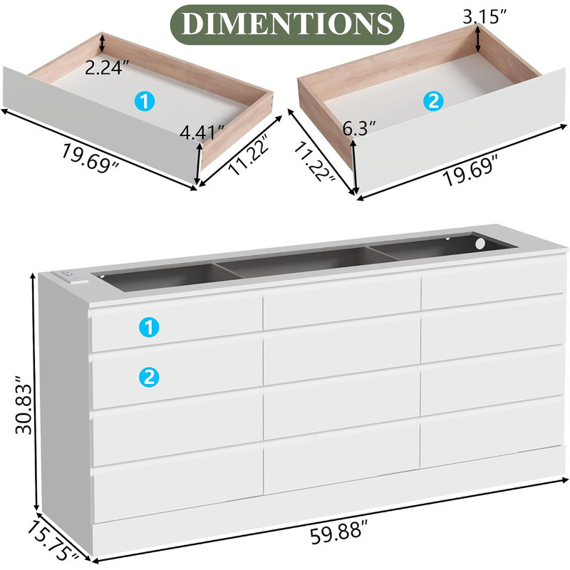 12 Drawer Dresser witu Glass Top, White