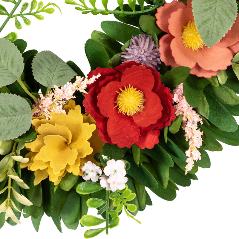 Vibrant Spring Floral Artificial Wreath with Green Foliage
