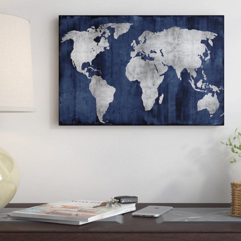 «The World», impression sur toile en argent et bleu, H 40 po x l 60 po x p 1,5 po, Toile tendue, Pas de tapis