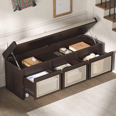 Banc d'entrée pour chaussures, banc de rangement rétro avec tiroirs en rotin