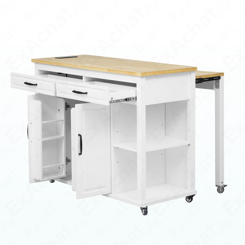 Îlot de cuisine de 47 po avec table de salle à manger extensible, table de cuisine en placage de bois d'hévéa avec support de rangement interne, prise de courant, îlot de cuisine avec rangement 2 tiroirs et 2 armoires, blanc