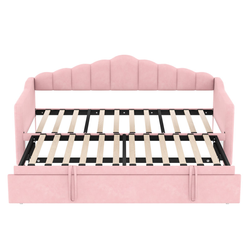 Lit de jour simple rose rembourré en velours doux, avec couchette escamotable, et charge de type C, et poches latérales pour les livres