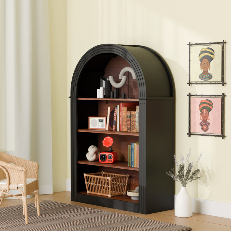 Bibliothèque en bois 45,66 "à 4 tablettes arquées, couleur noire, matériau stable, rangement polyvalent dans la chambre à coucher, rangement de style rétro pour, conception robuste et élégante, dispositif de basculement