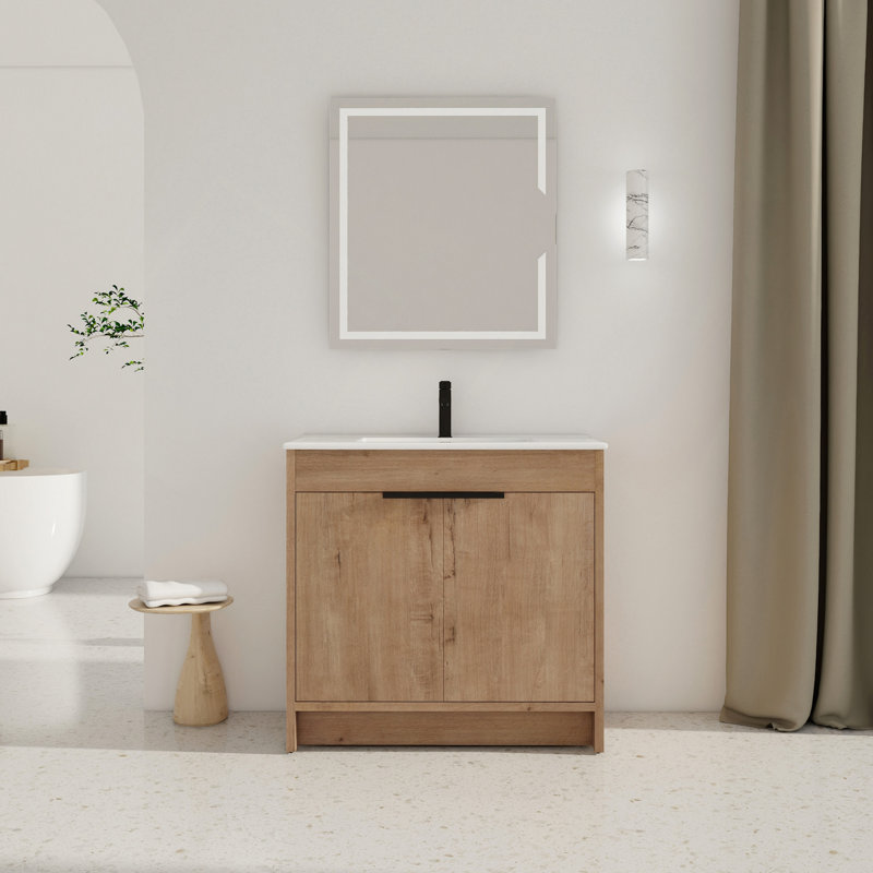 Meuble-lavabo autoportant avec lavabo en céramique blanche et 2 portes d'armoire à fermeture en douceur