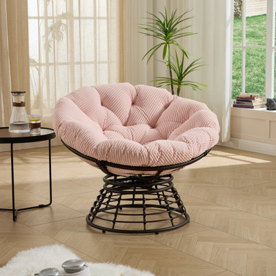 Comfortable Ergonomic Wicker Papasan Chair, 360° Swivel Indoor Outdoor Rattan Chair With Soft Thick Cushion, Ideal For Living Room, Bedroom, Reading Room, Brown Frame With Pink Cushion