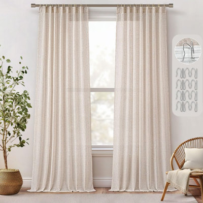 96 pouces de long rideaux en lin naturel 2 panneaux, crochets plissés pincés en lin épais texturé rideaux de fenêtre semi-transparents filtrant la lumière