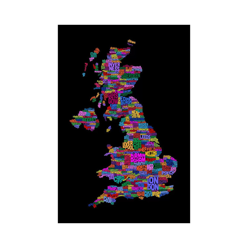 Great Britain UK City Text Map (Black), 20.32 cm H x 30.48 cm W