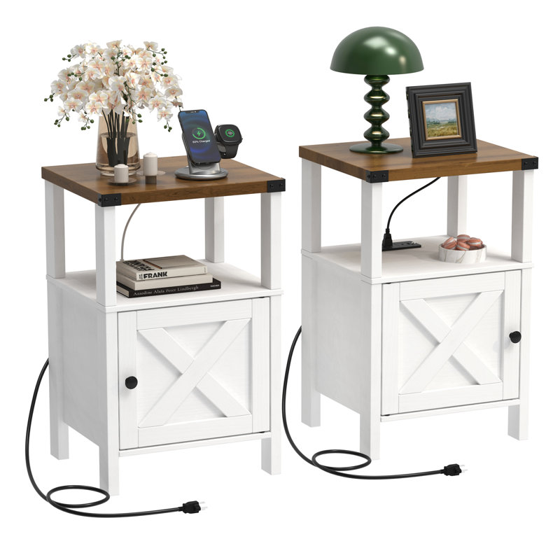 Set of 2 Nightstands with Charging Station, Modern Rustic Bedside Tables with USB Ports, Storage Cabinet and Open Shelf, White Bedroom End Tables