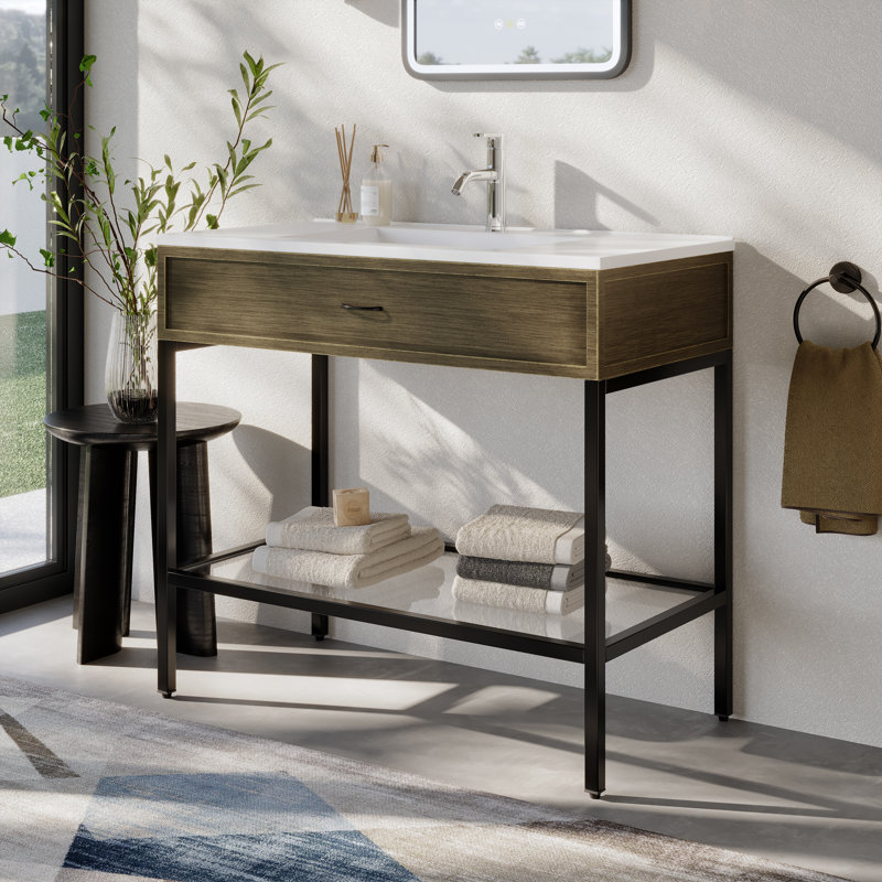 37" Modern Matte Black Stainless Steel Base Bathroom Vanity with Integrated Sink, Decorative Drawer, Tempered Glass Shelf for Contemporary Spaces