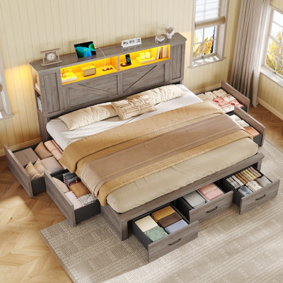 King Wood Bed Frame with Storage Bookcase Headboard & Side Shelves, LED Lights & Charging Station, Farmhouse Metal Platform Bed with 7 Footboard Drawers, Oak Gray
