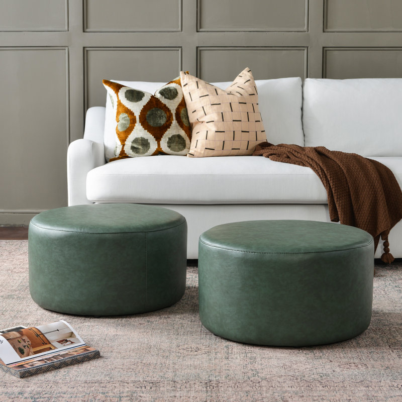 24" Wide Faux Leather Round Upholstered Ottoman Set Of 2, Green