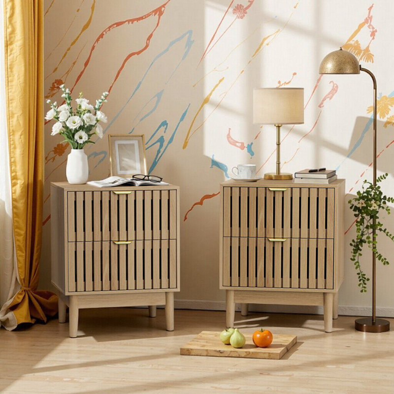 Table de chevet 2 pièces en chêne avec grille, table de chevet à 2 tiroirs pour la chambre à coucher ou le salon
