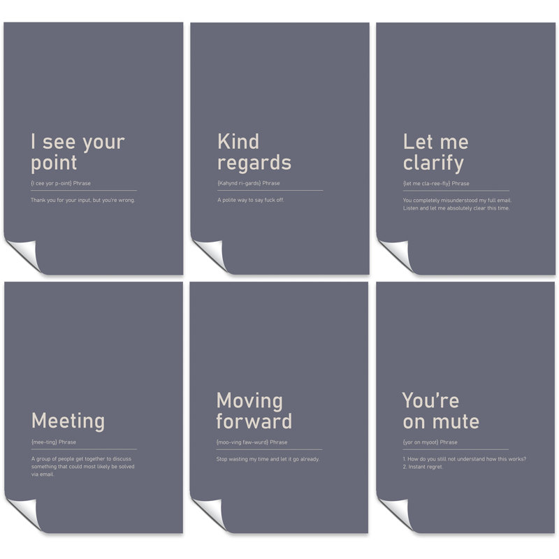I See Your Point, Kind Regards, Let Me Clarify, Meeting, Moving Forward, And You're On Mute - 6 Piece No Frame Print Set