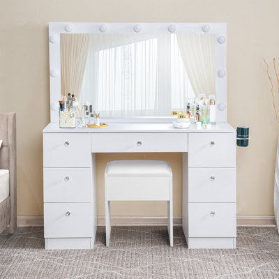 Vanity Desk with Lighted Mirror, 7 Drawers, Power Outlet, USB Ports, and Stool