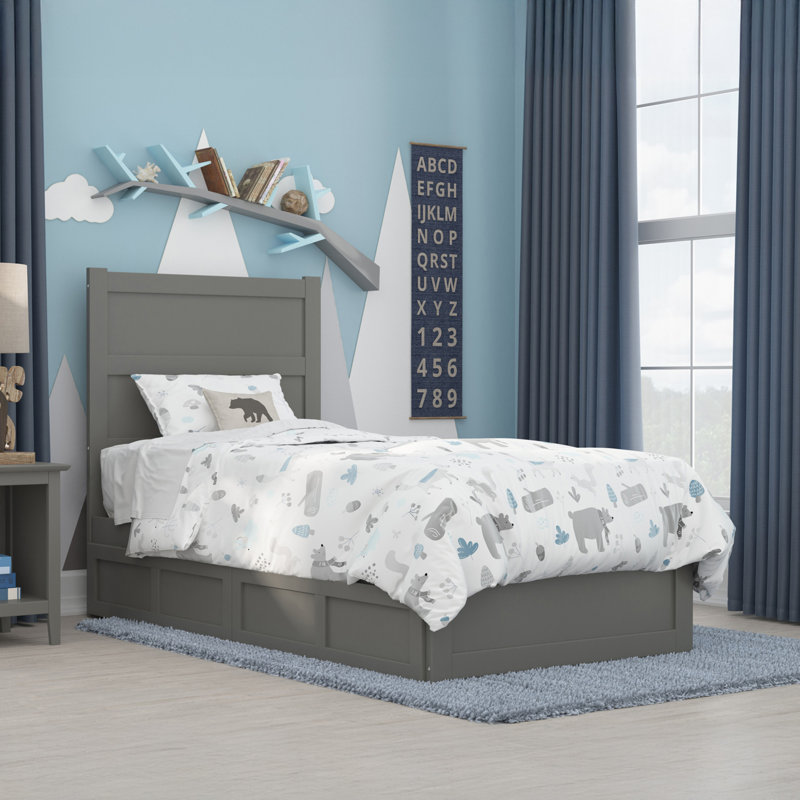 Lit plateforme avec rangement en bois massif Ney, Simple TG, gris, Oui