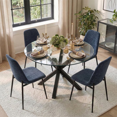 Ensemble de table de salle à manger pour 4 personnes avec table ronde en verre et 4 chaises rembourrées en chenille