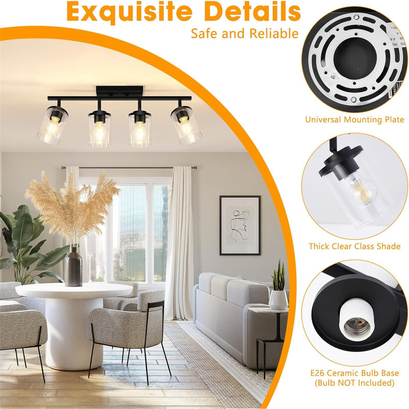 3-Lights Semi Flush Mount Ceiling Light with Clear Glass Shade, 4, Matte Black
