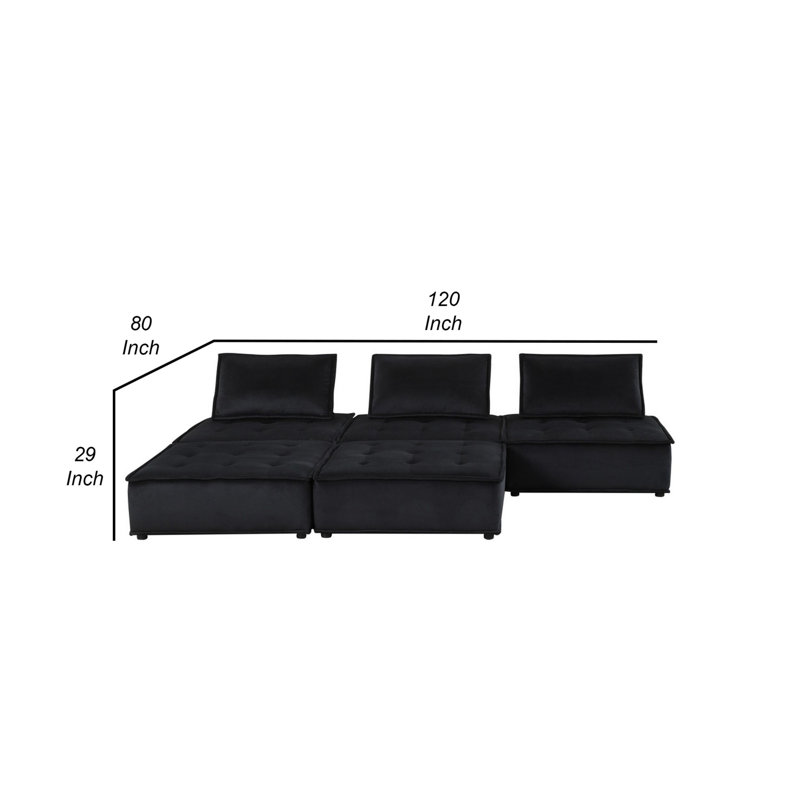 Sebron Upholstered Sectional, Black Velvet, 29" H x 120" W x 80" D