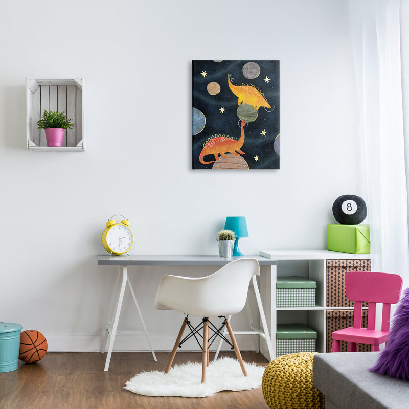 «Dinosaur Astronauts On Space Planets», art mural étoiles jaunes tendues par Ziwei Li, H 30 po x l 24 po x P 1,5 po