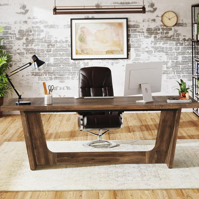 71" Executive Desk For Home Office – Industrial Rustic Wood Computer Table With Solid Wooden Pedestal, Large Writing Workstation For Study Or Business