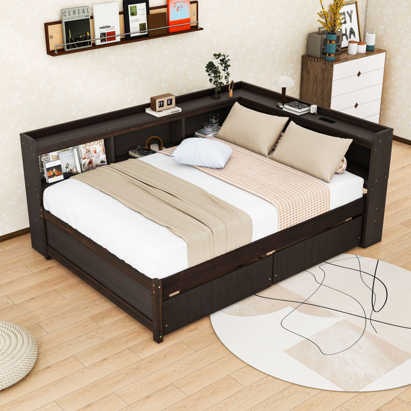 Wooden 2 Drawers L-Shaped Daybed with Built-in Power Outlets, Double, Espresso
