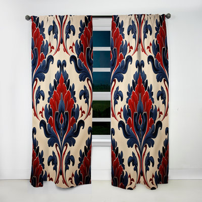 Wester Floral Red And Blue Turkish Tiles II - Abstract Floral Curtain - Velvet Room Darkening - 1 panel
