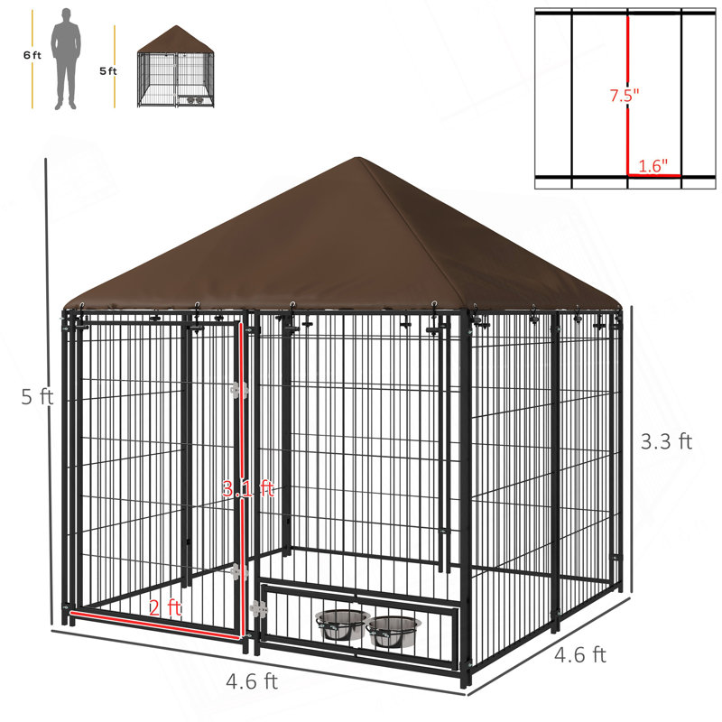 Outside Dog Kennel, 4.6' X 4.6' X 5' Puppy Play Pen With Canopy, Garden Playpen Fence Crate Enclosure Cage Rotating Bowl, Black