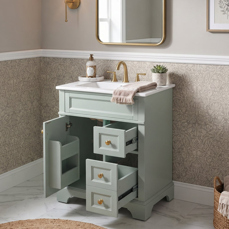 Meuble-lavabo à cadre en bois massif 24 po avec lavabo, rangement multifonctionnel avec 3 tiroirs et porte (vert / blanc)