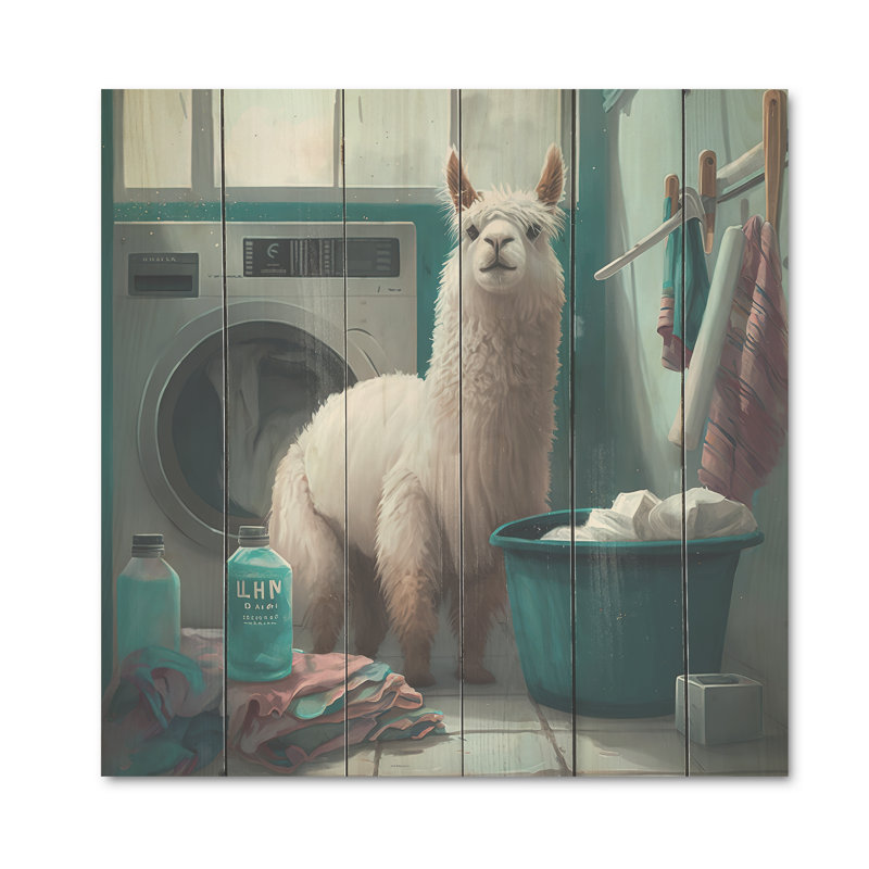 «Ingama Llama In Laundrey Room», reproduction sur bois sans cadre, H 24 po x l 24 po x P 1 po