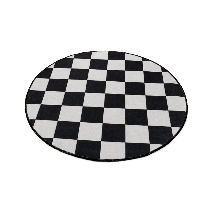 Tapis rond à carreaux tissé à plat en noir / blanc Tarun, Rond 4 pi 7 po