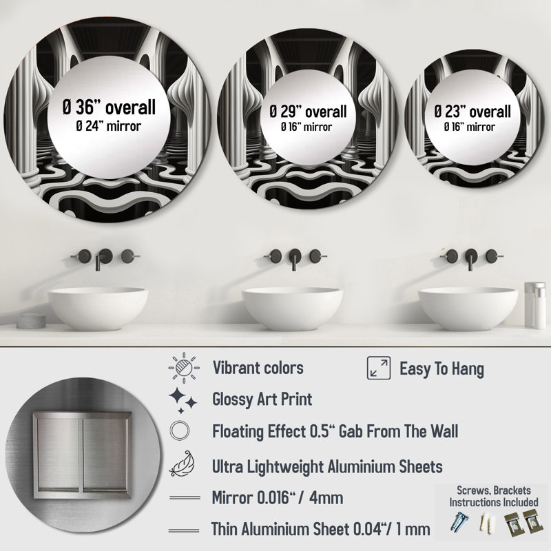 Noir et blanc optique Art Dream II - Op Art, miroir mural rond moderne, impression sur métal, 23 po x 23 po