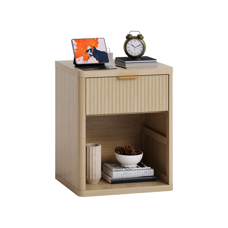 Fluted Nightstand with Charging Station, Modern Bedside Table with 1/2/3 Drawers & Open Storage, Metal Handles, Curved Edge, for Bedroom & Living Room