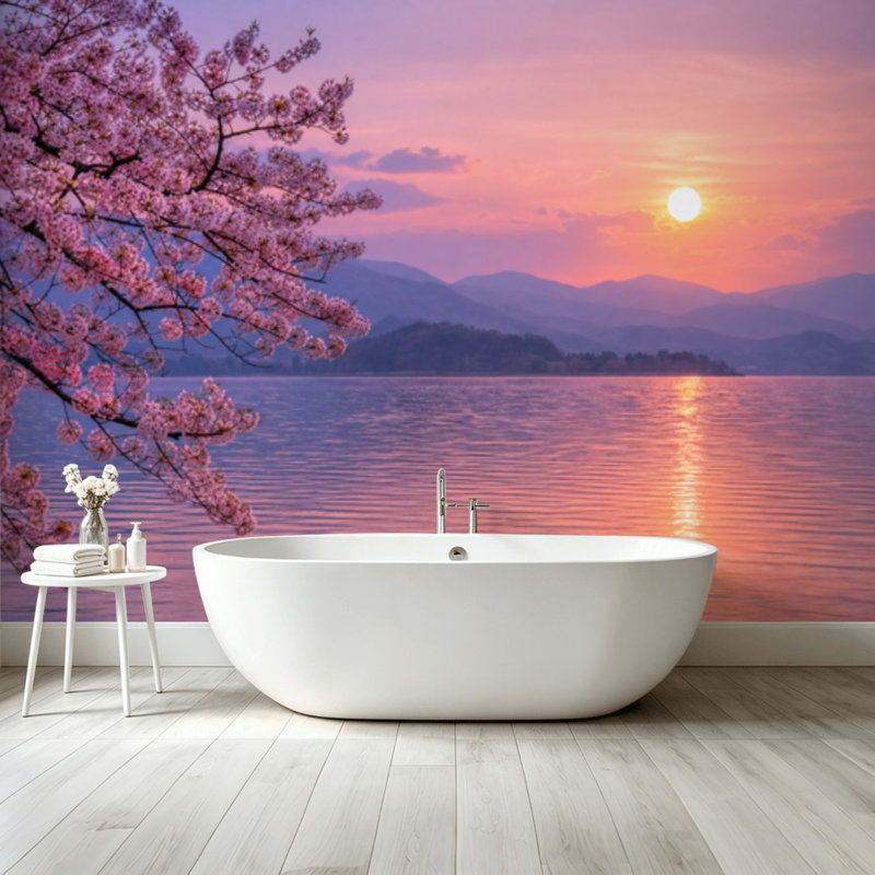 Papier peint adhésif pelez et collez branche de cerisier en fleurs rose coucher de soleil lac pleine lune réflexion lointaine art mural auto-adhésif et amovible